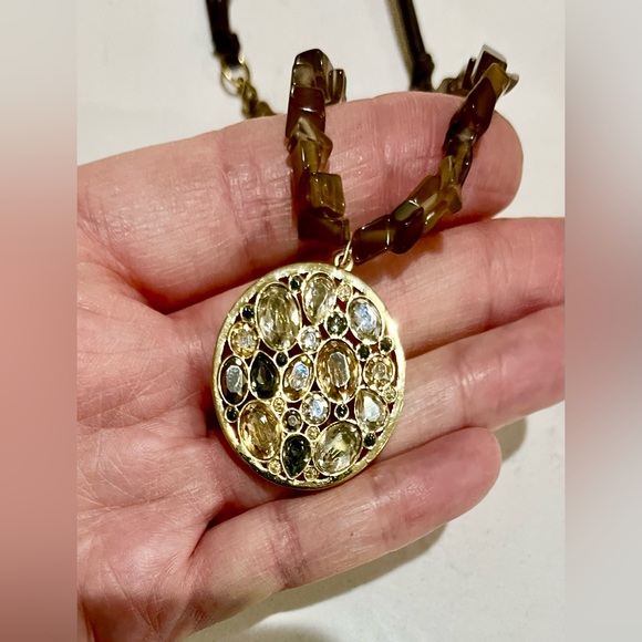 Upcycled VTG Swarovski Dorado Pendant/Tiger Eye Leather Powerhouse Necklace, EUC - Picture 3 of 13